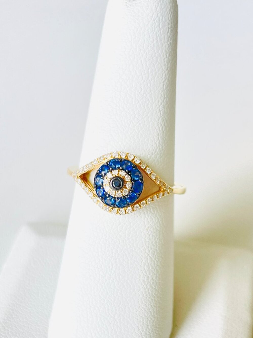 EFFY Sapphire Diamond Evil Eye Ring 14K Gold Size 7 0.42 CTW Box